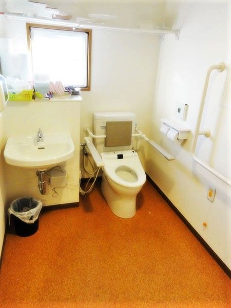 広いトイレには手すりや背もたれ付きのトイレや呼び出しボタン、手洗い場がある。