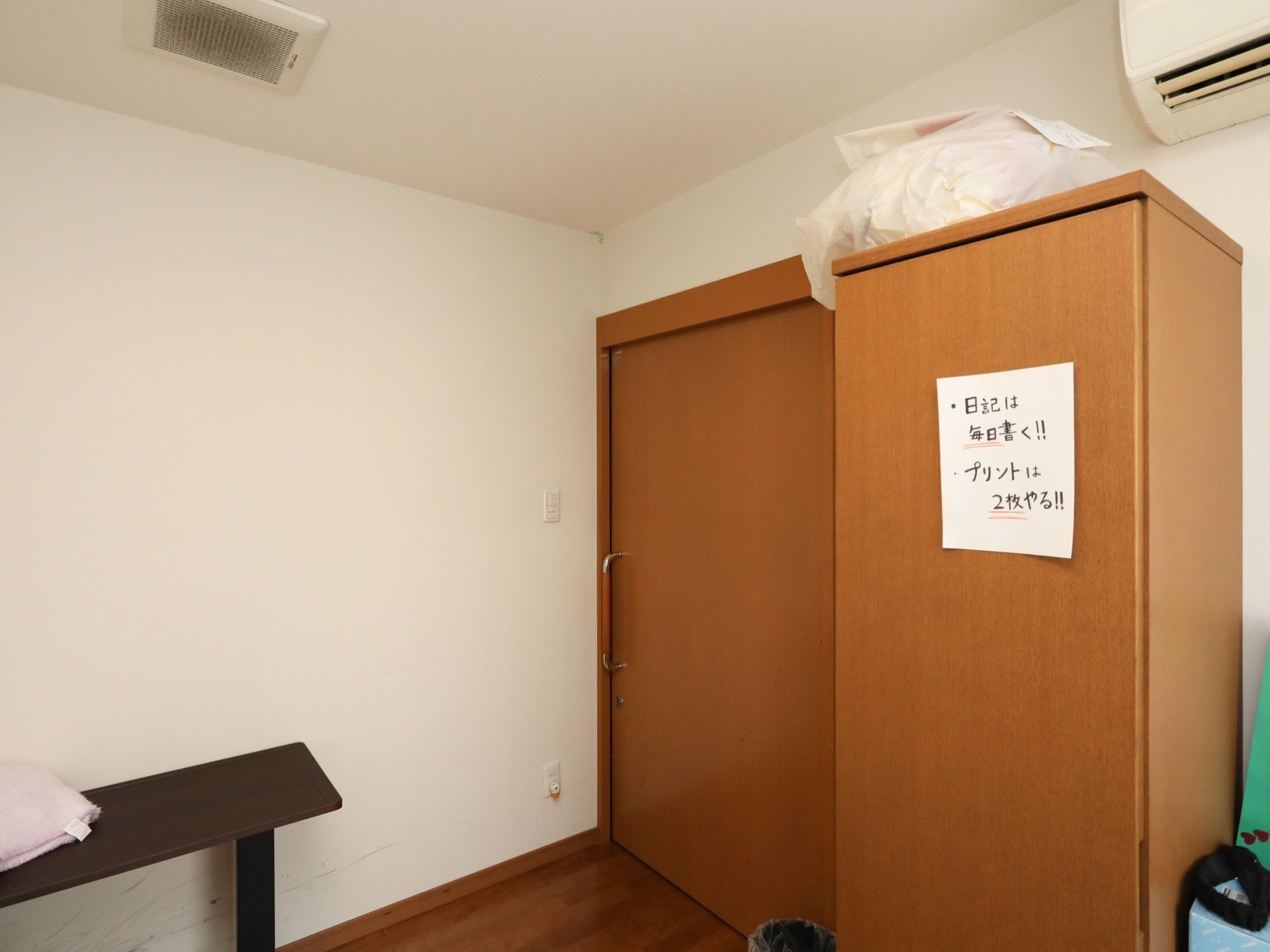 親しみやすい、色合いのフローリング部屋である。扉は引き戸式仕様。出入口付近には、収納家具が設置されている。