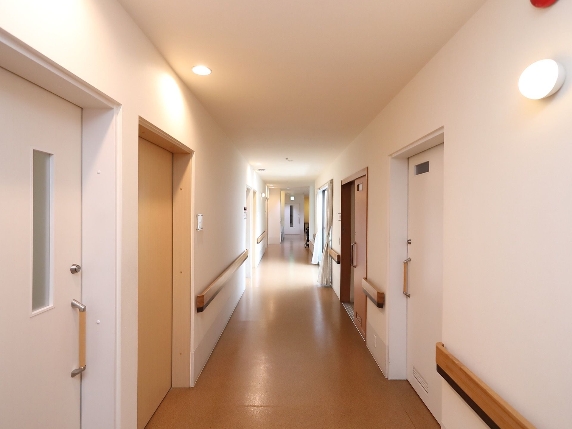 持ち手の幅の広い手すりが設置されており、柔らかい色合いの壁と天井にはダウンライトが取りつけられている。