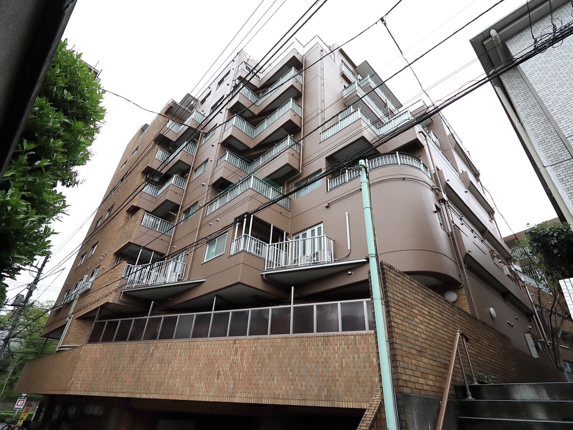 茶色系の落ち着いた色合いの８階建て建物である。窓が多くあり、各階にはベランダが設けられている。
