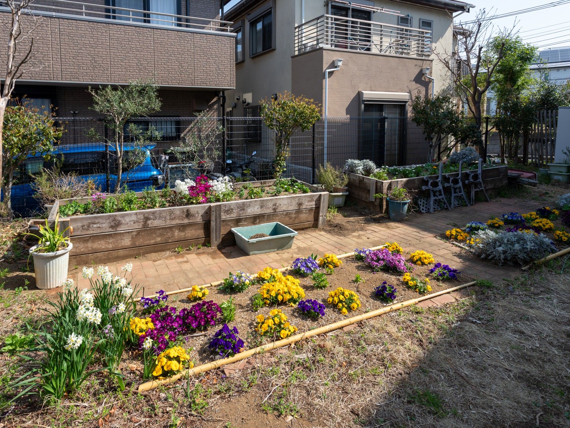色とりどりの花壇の庭