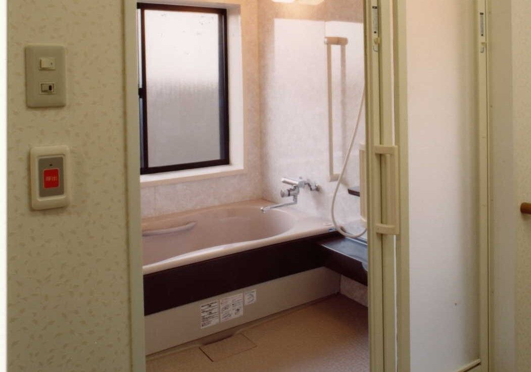 緑の多い屋外で外出を楽しんでいる眼鏡をかけた車いすの高齢女性と付き添いの若い女性スタッフ。スタッフは女性の手を握っている。