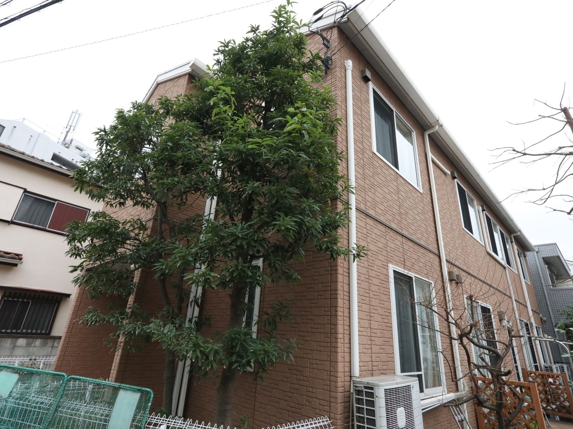 施設はブラウンの外壁で２階建てである。建物のそばには背の高い木が植えられていて、その周りにフェンスが設置されている。