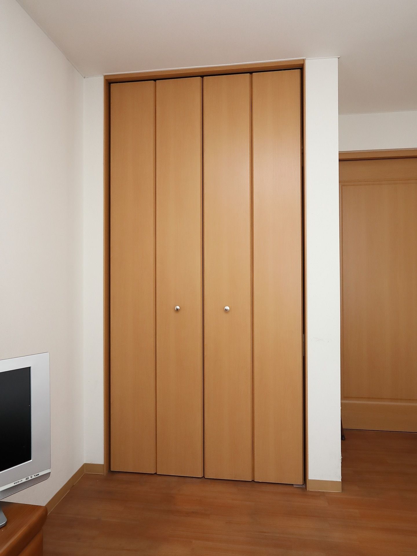 フローリングの床の居室内の天井まで届く、大きな扉の収納である。また、居室の一角に、テレビが１台置かれている。