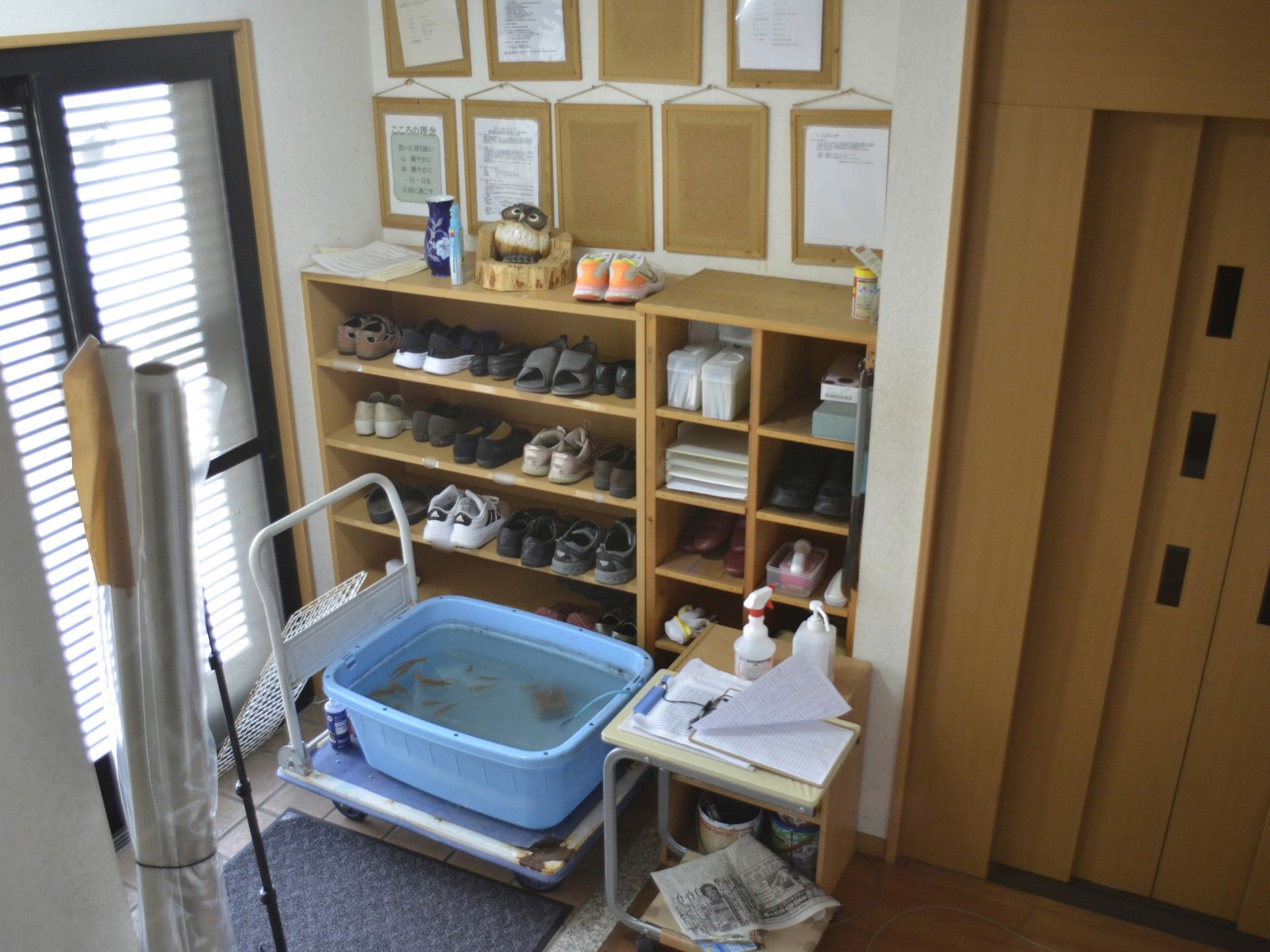 靴棚と清掃用具のある玄関