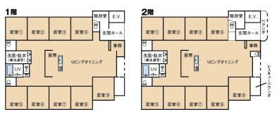 グループホーム おもとの郷東本郷の1～2階のフロアマップ