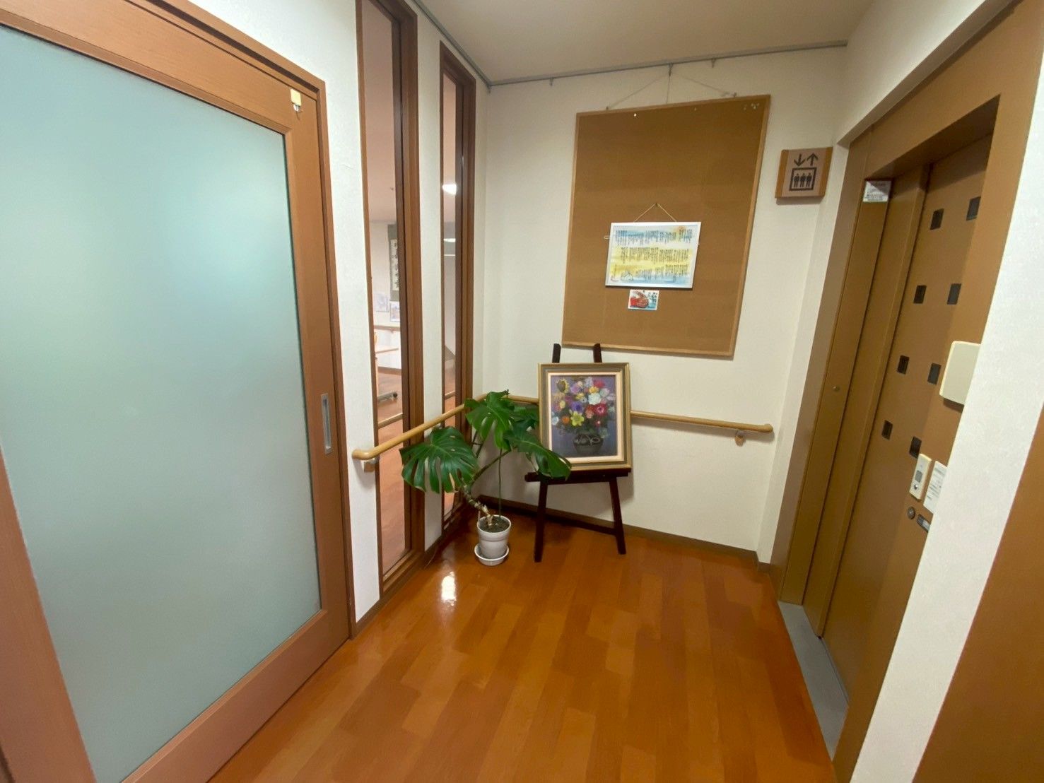 絵画と植物のある廊下