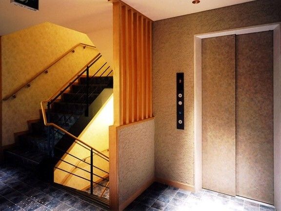右側にはベージュの扉のエレベーターがあり、左側には手すり付きの階段が設置され、落ち着いた雰囲気。