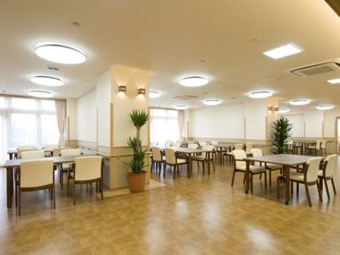 柱の横に背丈のある観葉植物が置かれている、広い食堂