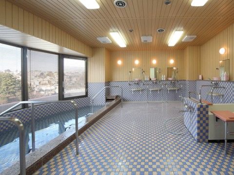 浴室内部は、青と白のタイルが貼られていて、清潔感がある。手すり付きの浴槽からは、街の景色を眺めることができる。