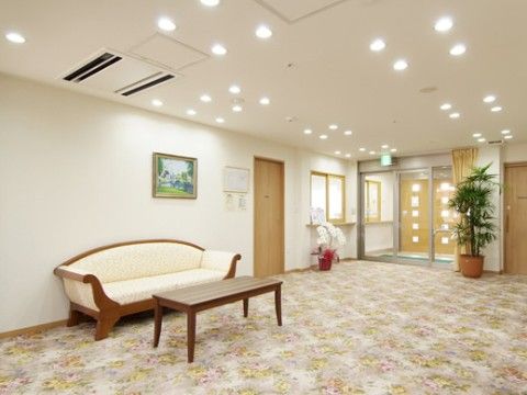 広々とした高級感あふれるエントランスホールである。バリアフリーの床にカーペットを敷いているので、万が一転倒してもケガのリスクが少ない。