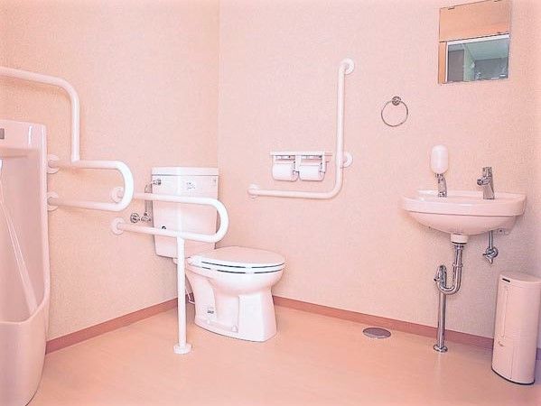 手すり付きのトイレの様子。両側に手すりが付いた高齢者向けのトイレと洗面台