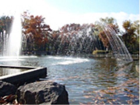 池には噴水が設置されており、夏場の暑い時期には周辺空気の冷却作用やマイナスイオンによるリラックス効果が期待できる。