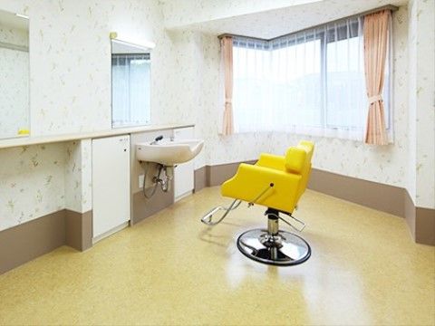 黄色を基調にした床で、上部は模様の入った壁、足元は茶色といったおしゃれな部屋になっている。室内空間はとてもゆったりとしている。