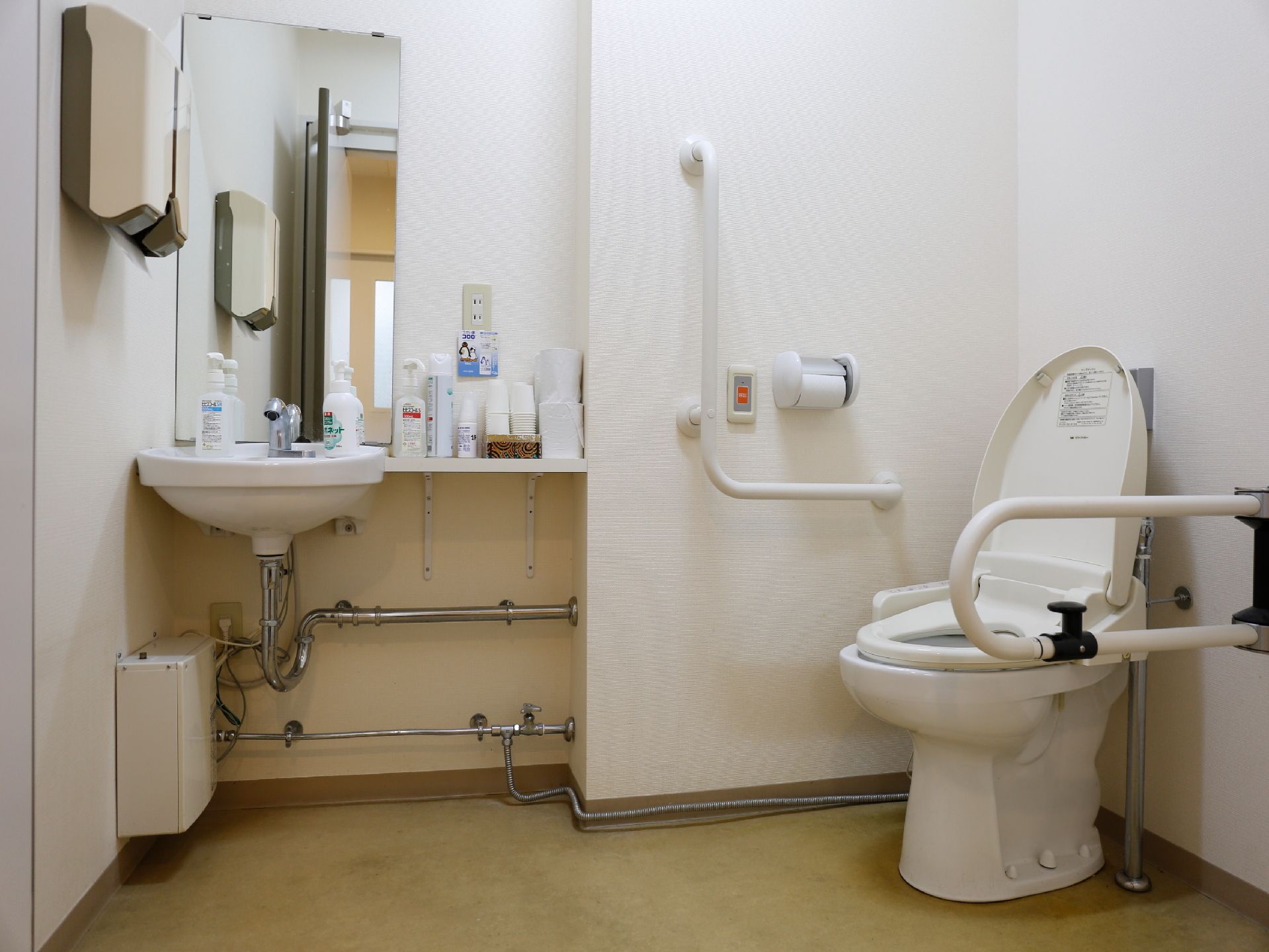 トイレと洗面所が一か所にある。トイレ側には手すりが取り付けられている。洗面台にはハンドソープなどが複数置かれている。