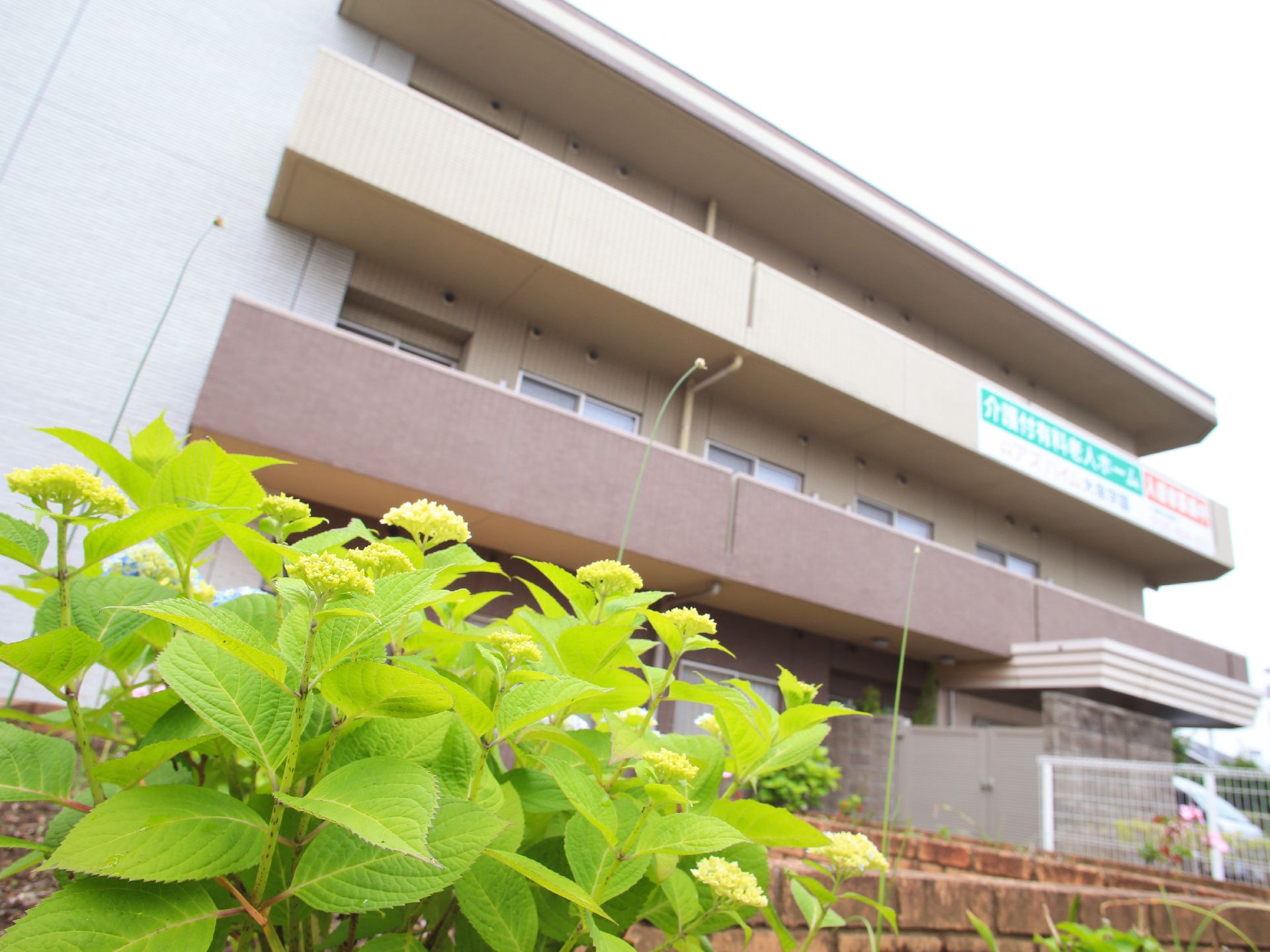 建物は2階建ての作りになっている。2階部分の右側のベランダの外壁には入居者募集の旗が掲げられている。