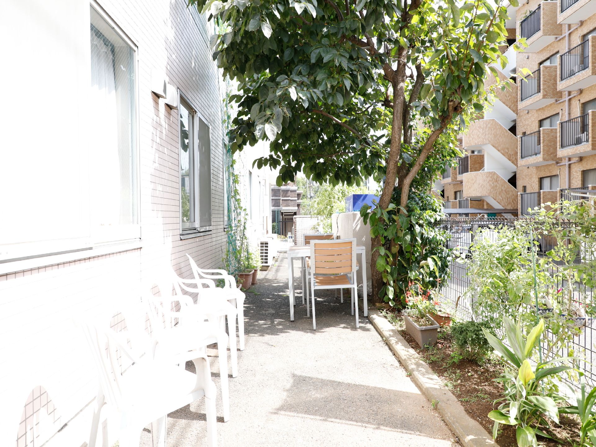 大きな木の下の木陰に白いテーブルと椅子が備えられている。花壇がありプランターも置かれているテラスである。