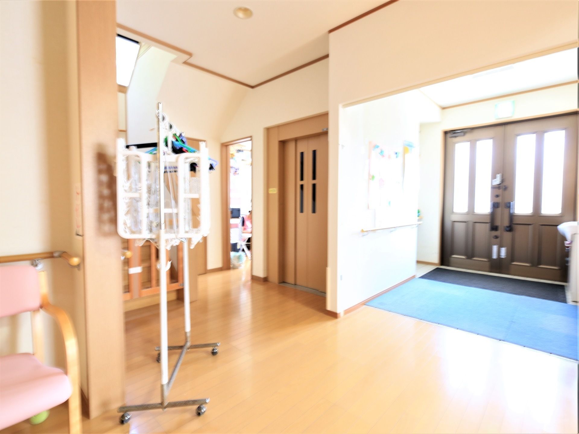 ダークブラウンの両開きの玄関ドアがある。小窓が付いており、外光が差し込んでいる。壁を隔ててエレベーターのドアが見える。