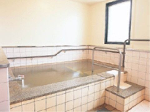 窓から自然光が入り浴槽周りに手すりが設置された浴室