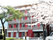 桜の花が咲いている施設の正面。印象的な色合いの建物が写っている