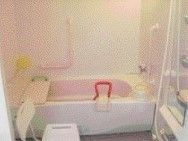 一人用の小さな浴槽。手すりが付いているので高齢者用と分かる