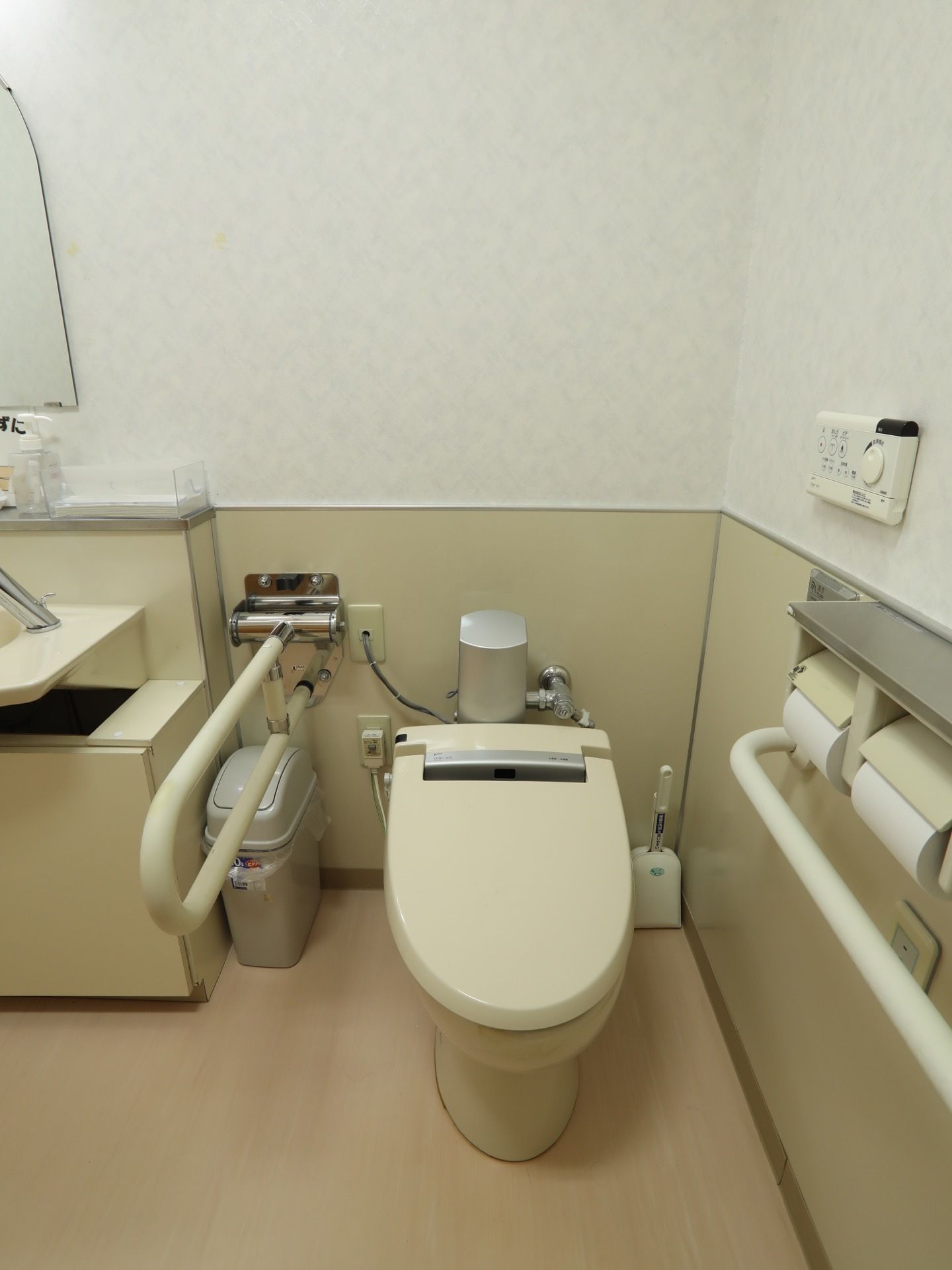 可動式の手すりと、壁に設置されている手すりが便器の両側にある。同じ部屋の中に手洗い場が設けられている。