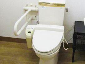 立ち上がり用の手すりが右側についている一人用のトイレ。家庭用サイズのトイレの写真