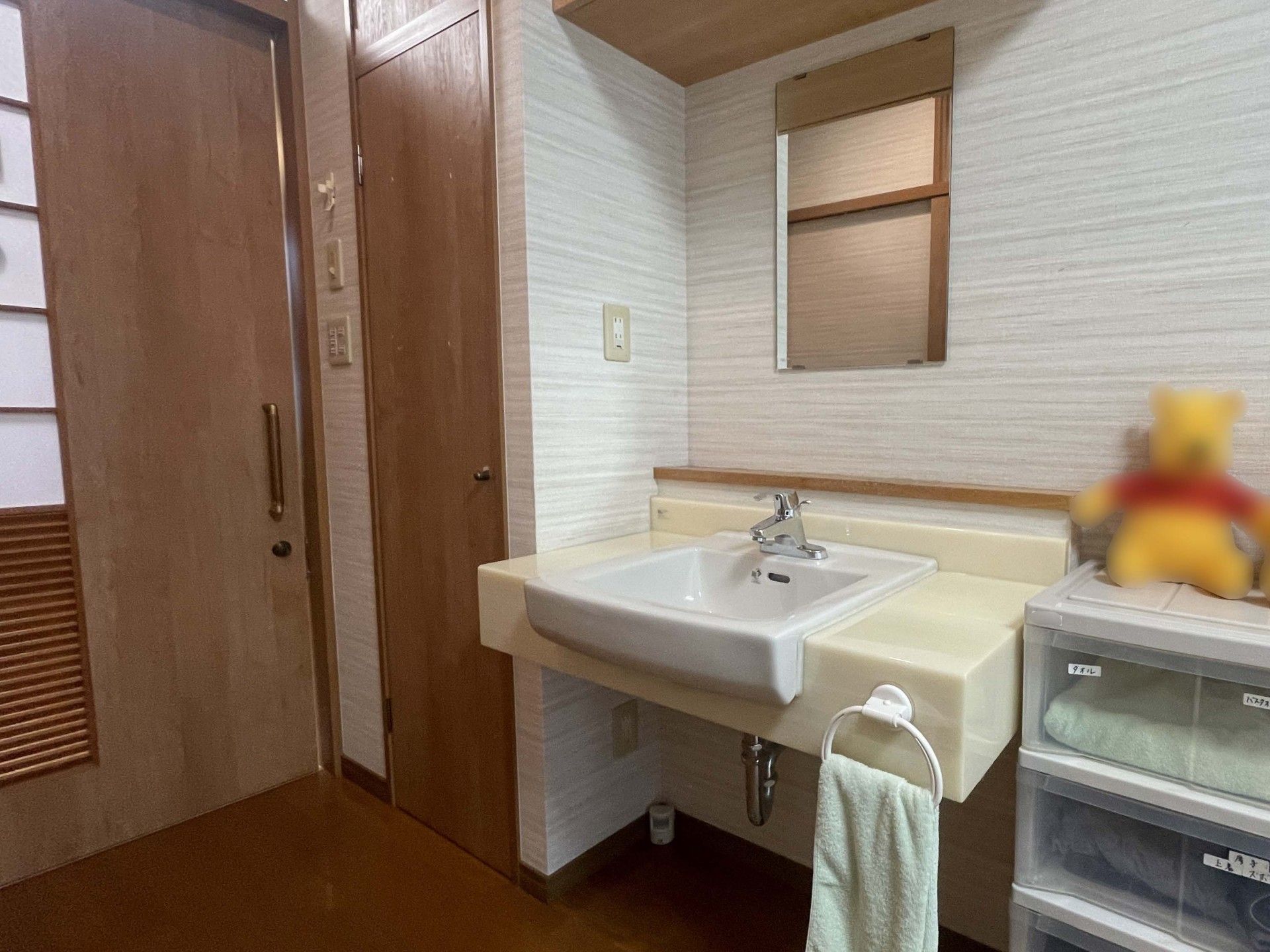 洗面台と収納棚の一角