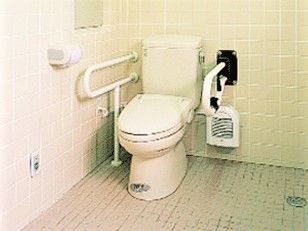 手すりが両サイドに付いたトイレ。タイル張りで余計なものは置かれていない。