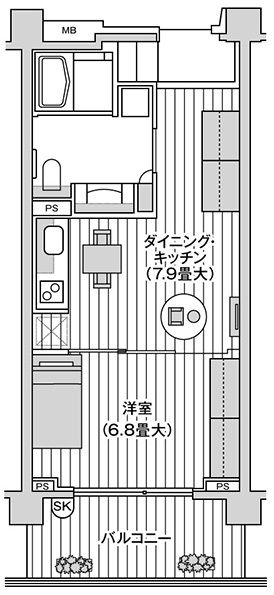 グランクレール美しが丘の1DK typeの間取り図