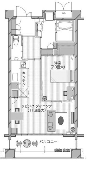 グランクレールあざみ野の1LDK typeの間取り図