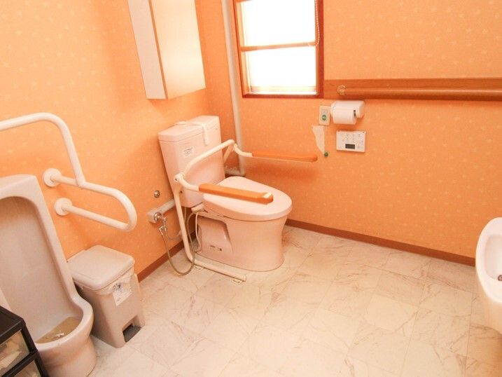 広いトイレには洋式のトイレと男性用小便器があり、両サイドに手すりがあり、壁には緑の呼び出しボタンがある。