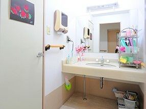 洗面所にはカラフルな歯ブラシが置かれ、ペーパータオルや手すりも設置されている。