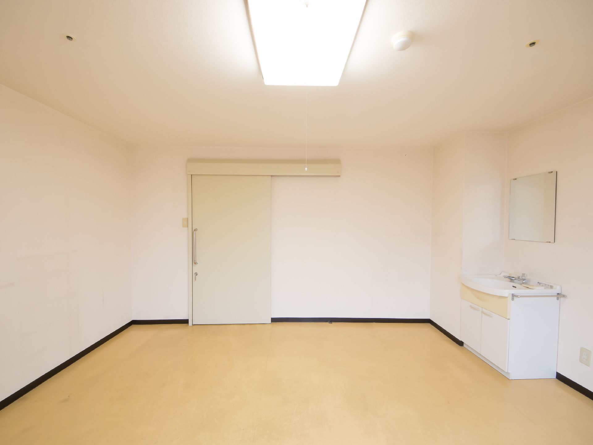 居室の奥に引き戸の入口扉がある。右手の壁際には洗面台があり、壁に大きな鏡が取りつけられている。流しの下に収納がある。