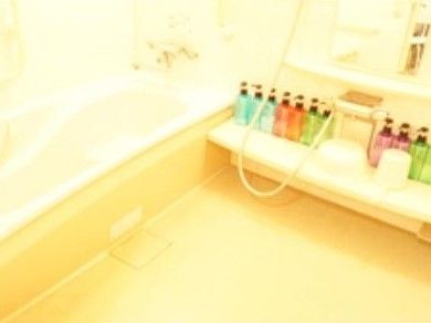 浴室にずらりとカラフルなボトルが並んでいる様子。そばにある浴槽は家庭サイズのもの
