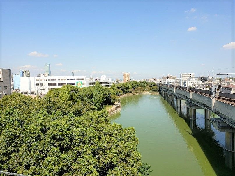 鉄道の高架が大きな池に立っていて、その池のほとりに林がある施設近くの風景