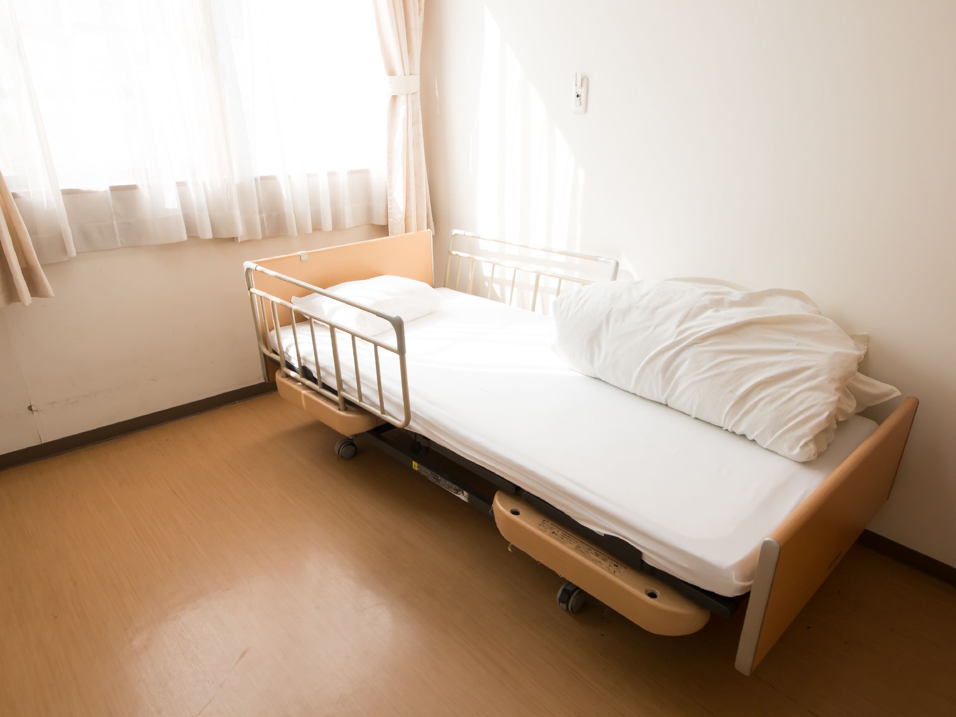 窓には薄手のレースカーテンが下がっている。厚手のカーテンは束ねられている。壁際に介護用ベッドが置かれている。