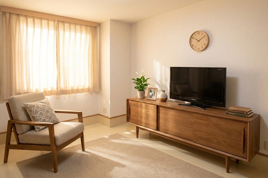 寝具付きのベッドが置かれた部屋にはタンスなどの収納スペースも多く、エアコンやテレビもある。