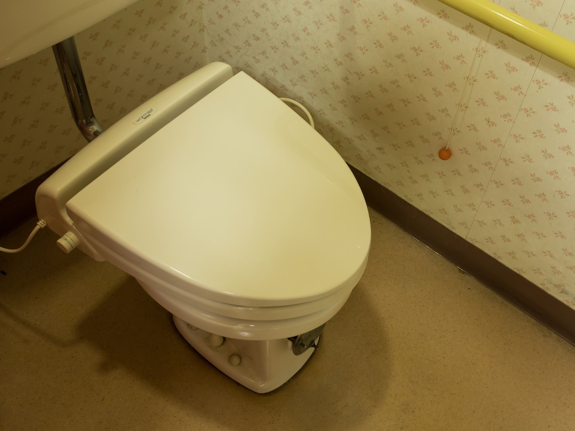 白い便器が中央に置かれ、小さな花柄の壁に、黄色の手すりが取りつけられている。また、手すり付近にはナースコールの紐が下がっている。