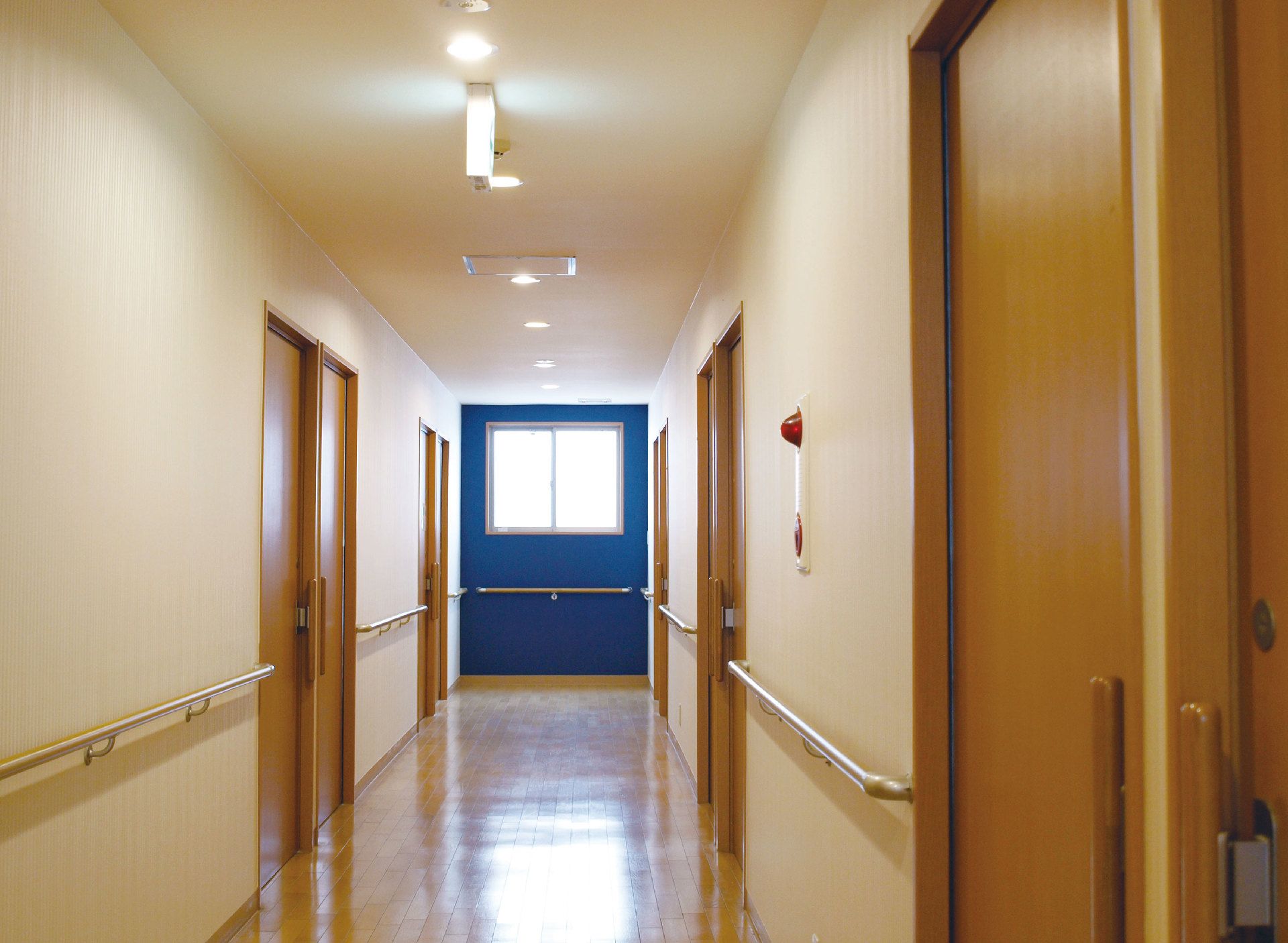 壁に手すりが設置されており、両側に扉が並んでいる日当たりの良い廊下