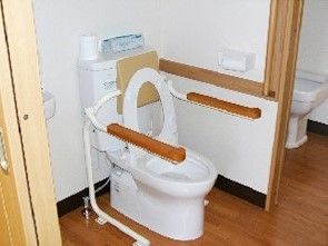 両側に手すりが付いているトイレの様子。施設に用意されている高齢者用設備