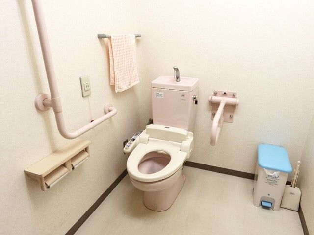 薄いピンクのトイレにはふたがなく、両サイドには手すりがあり、呼び出しボタンも壁に付いている。