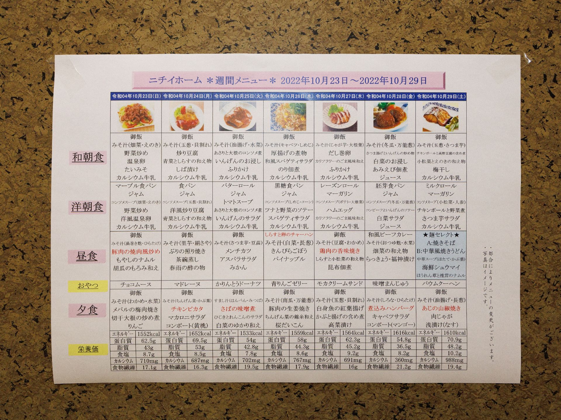 コルクボードに掲示された献立表