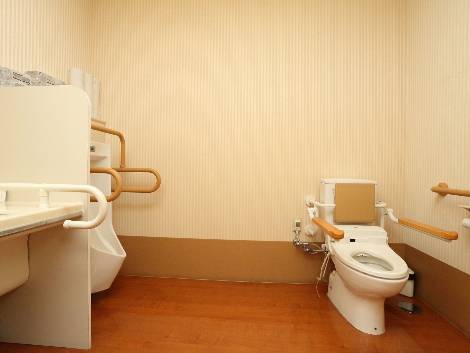 トイレは、十分な広さが確保されている。男性用と男女兼用の両方がある。どちらにも、便器周りに手すりがついている。