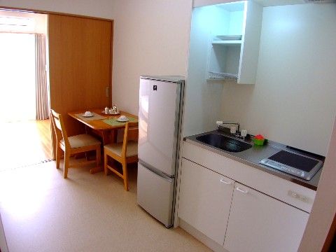 キッチンと居間は引き戸で仕切られている。導線は車椅子でも十分に通れるスペースがある。居間の採光がキッチンまで届いている。