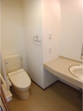 トイレは洗浄機付きタイプが設置されている。洗面台は広いスペースがある。壁側にL字型の手すりが取り付けられている。