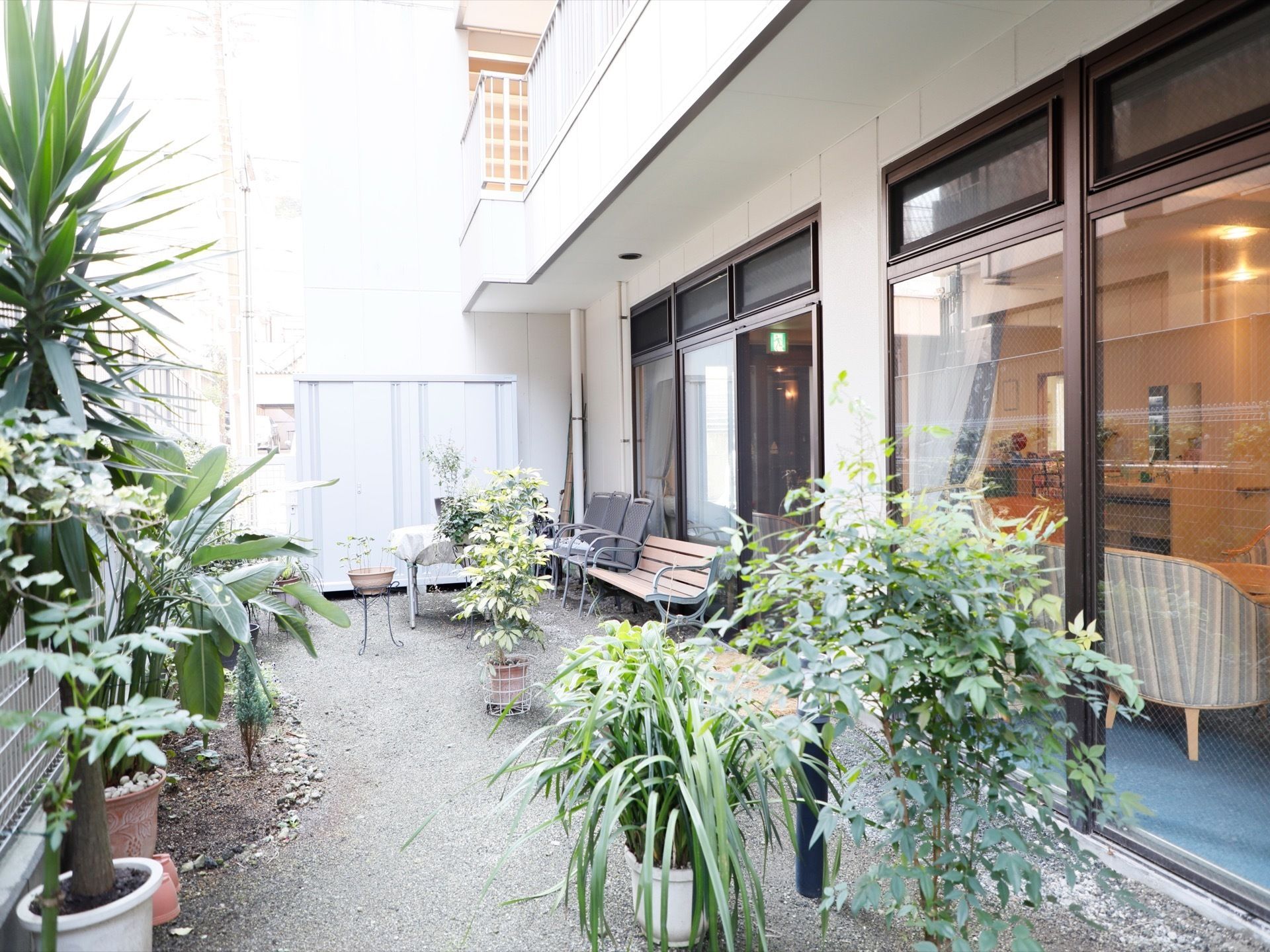 鉢植えの木や植物がたくさん置かれている中庭のガーデンがある。１人掛けの椅子や数人で座れるベンチがあるので座って緑を眺められる。