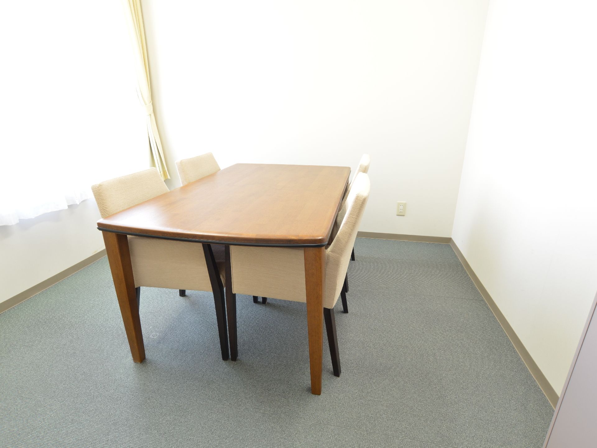 施設の壁紙は白色で、床にはグレーのカーペットが敷かれている。またカーテンの色はクリーム色で落ち着ける空間になっている。