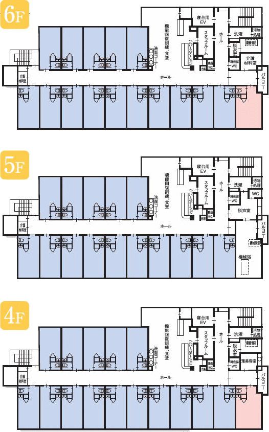 介護付有料老人ホーム ヒューマンサポート古河の4～6Ｆのフロアマップ