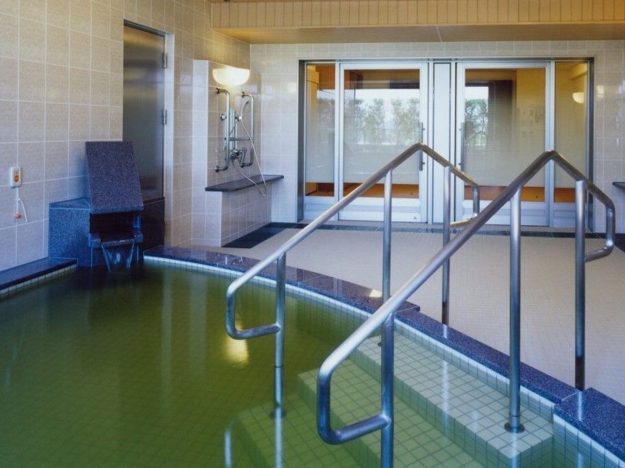 大きな浴槽には緑に近い色のお湯がたまっていて、出入り口にはステンレス製の手すりが付き、シャワーもある。